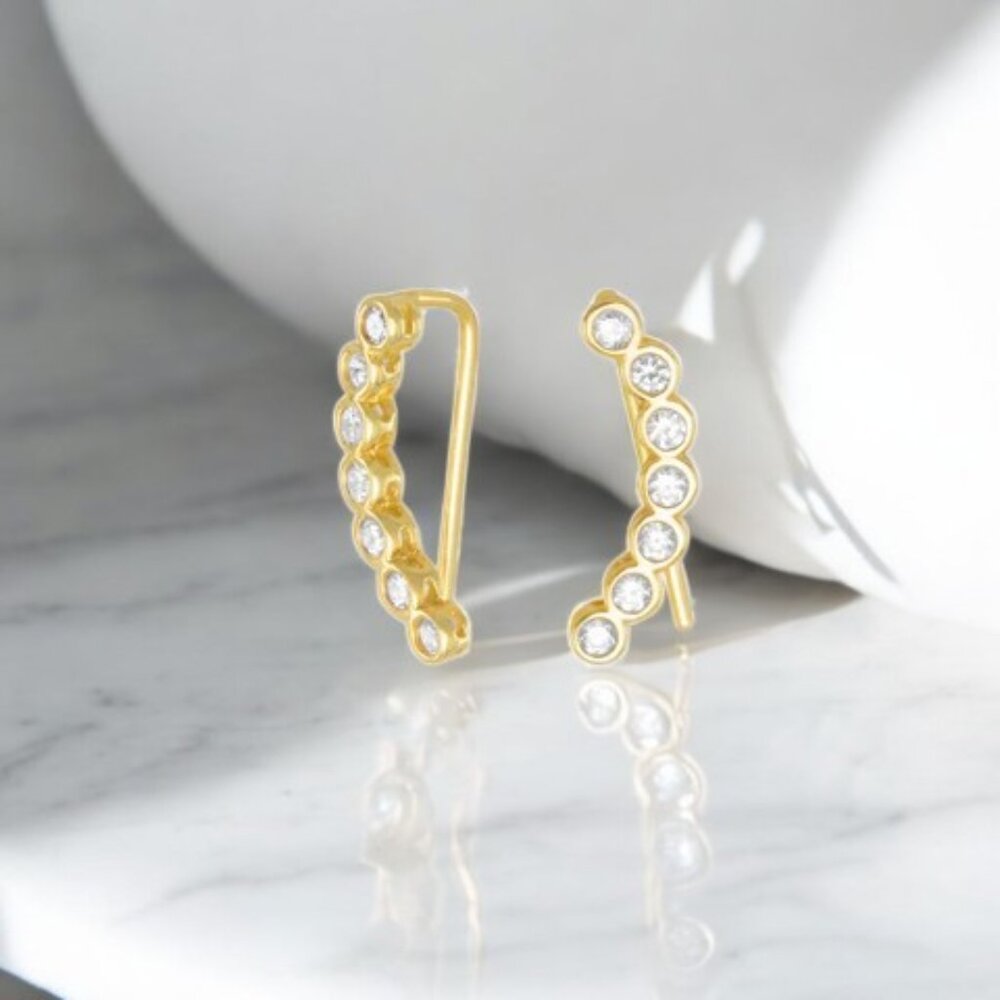 Bezel Set CZ Ear Climbers in 14kt Yellow Gold Plated 925 Sterling Silver